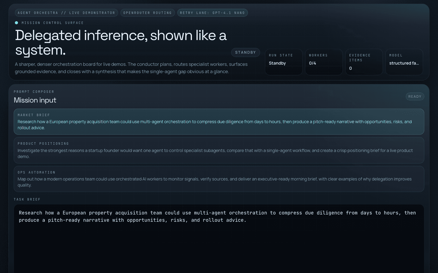 Agent Orchestra interface showing the mission brief, worker status, evidence count, and orchestration controls.