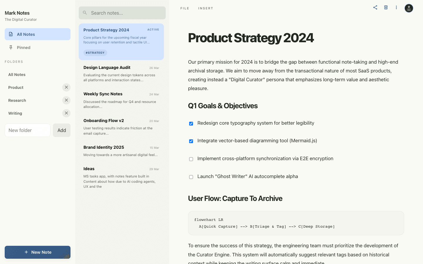 Mark Notes interface showing folders, a note list, and a calm long-form editor with task and diagram content.