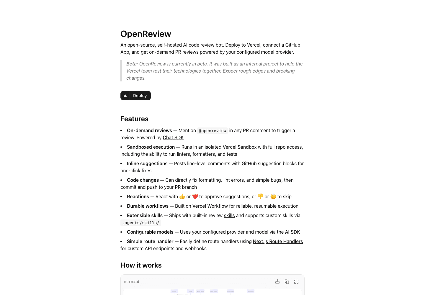 OpenReview deployment documentation explaining the pull-request review workflow and setup.
