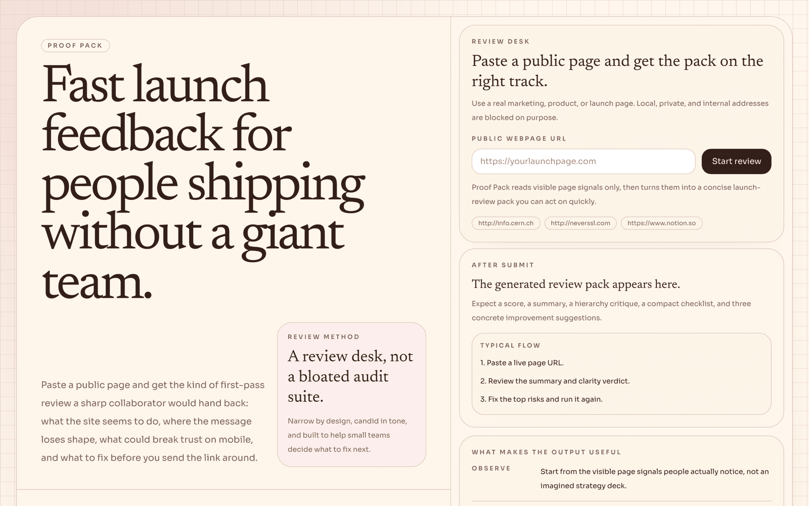Proof Pack landing page with the review form and launch feedback messaging.