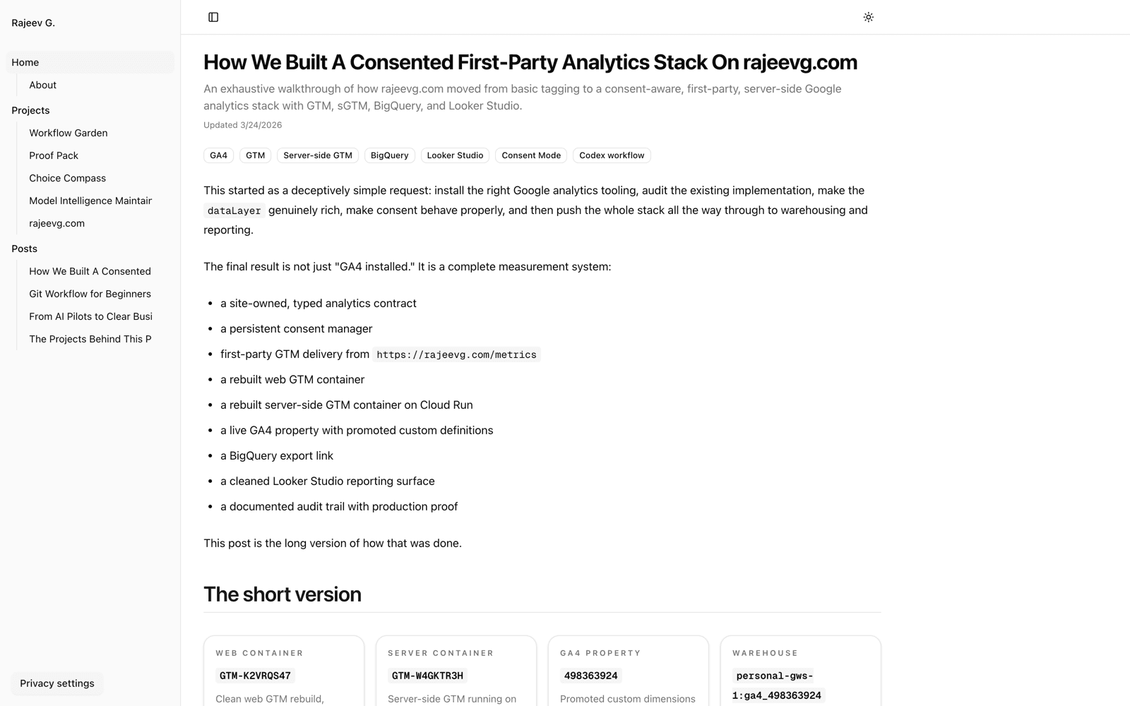 rajeevg.com showing a long-form article and the site navigation shell.