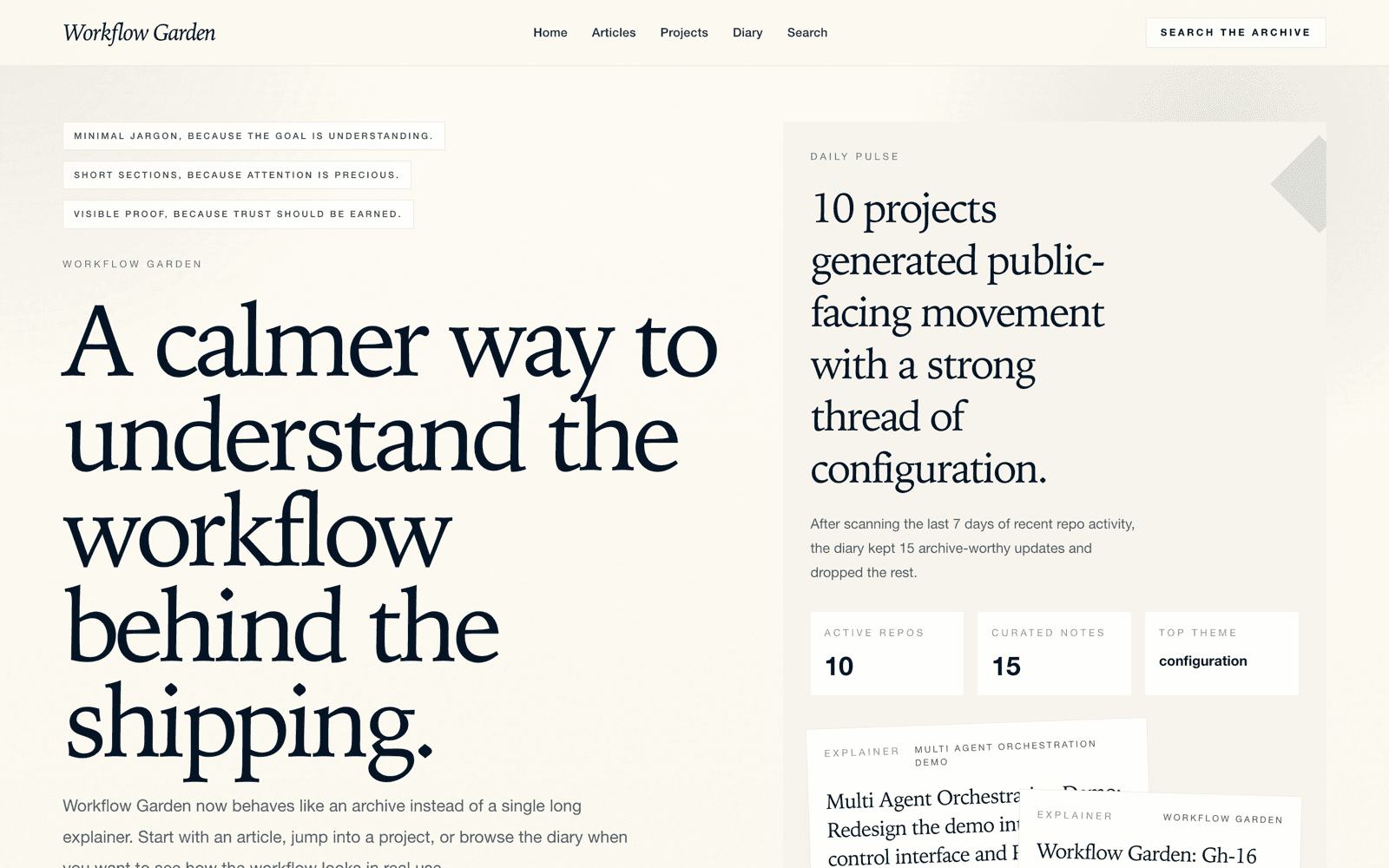 Workflow Garden homepage showing its editorial layout and generated activity panel.