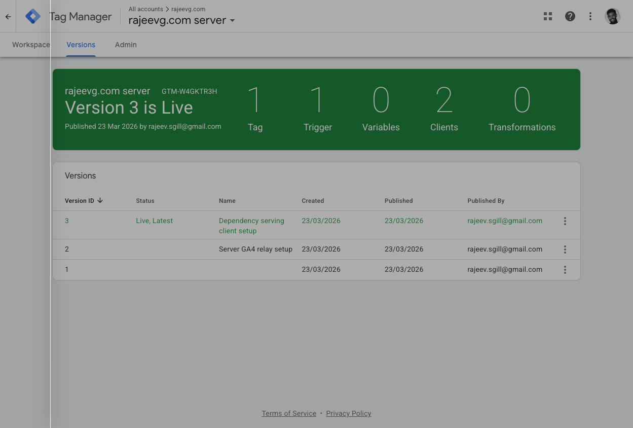 Published server-side GTM container version