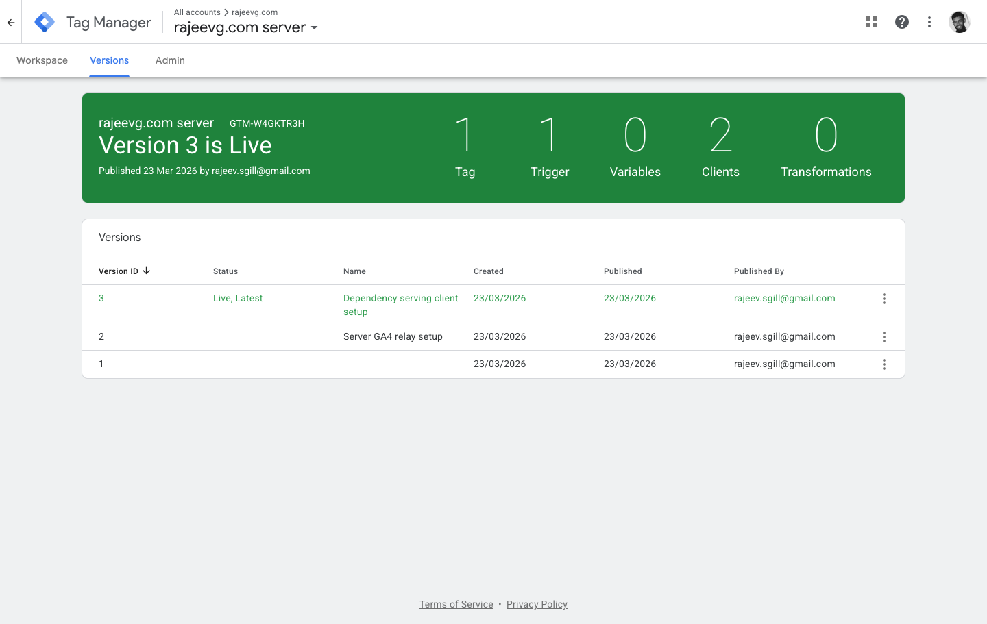Server-side GTM versions page showing Version 3 live