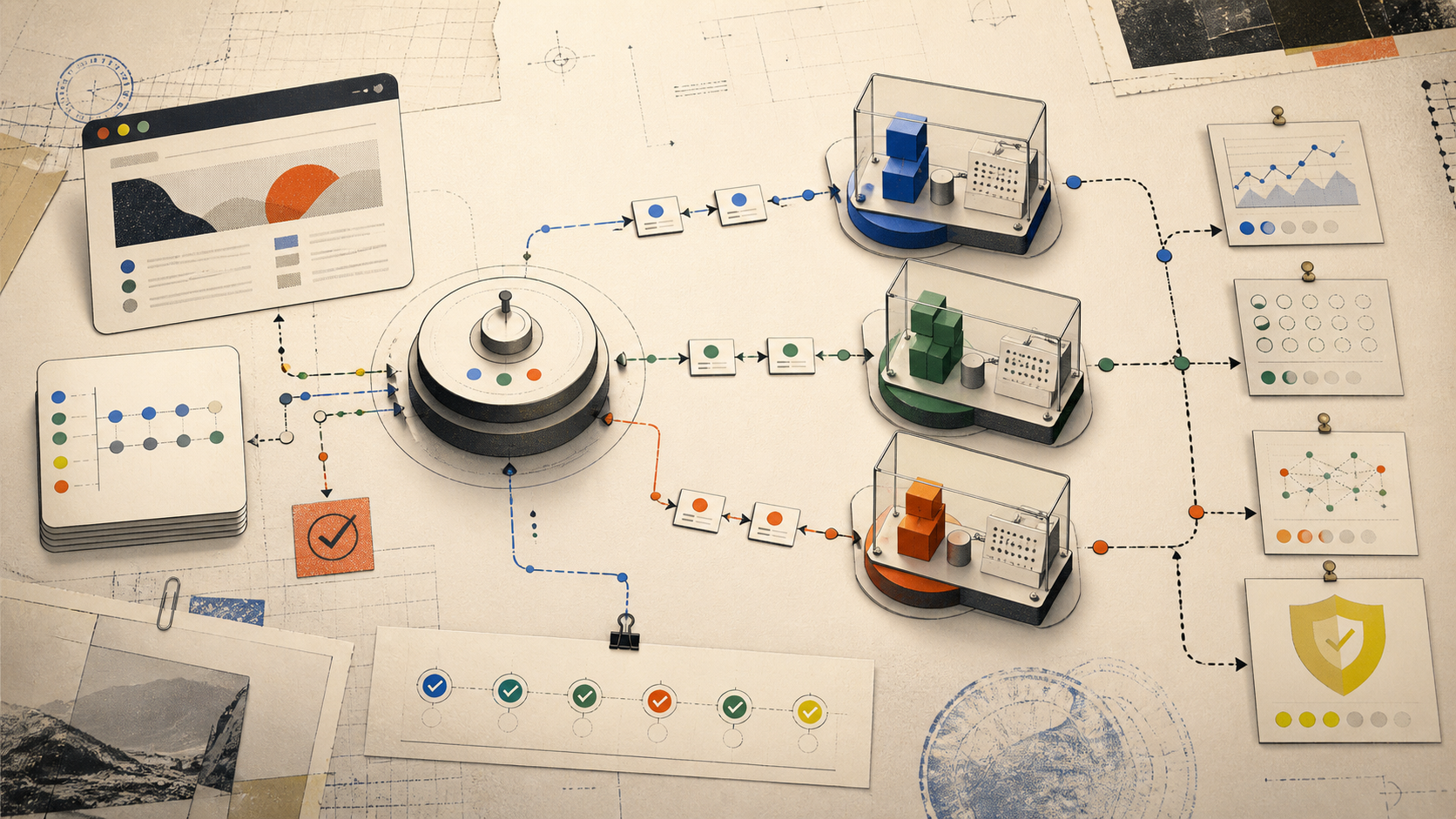 An editorial systems map showing one orchestrator routing bounded work to three measured worker stations