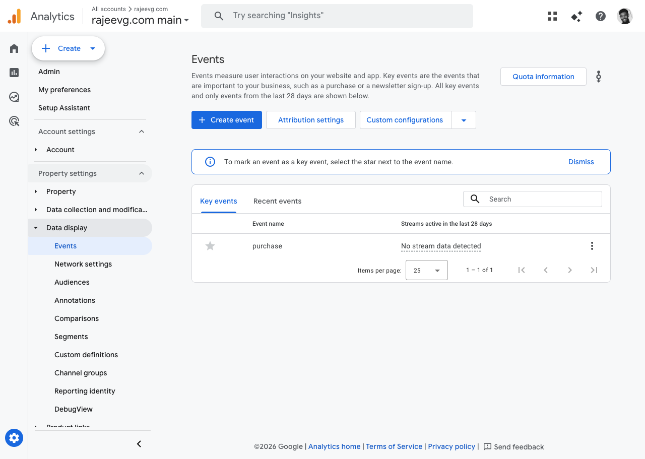 GA4 admin events hub for the rajeevg.com property