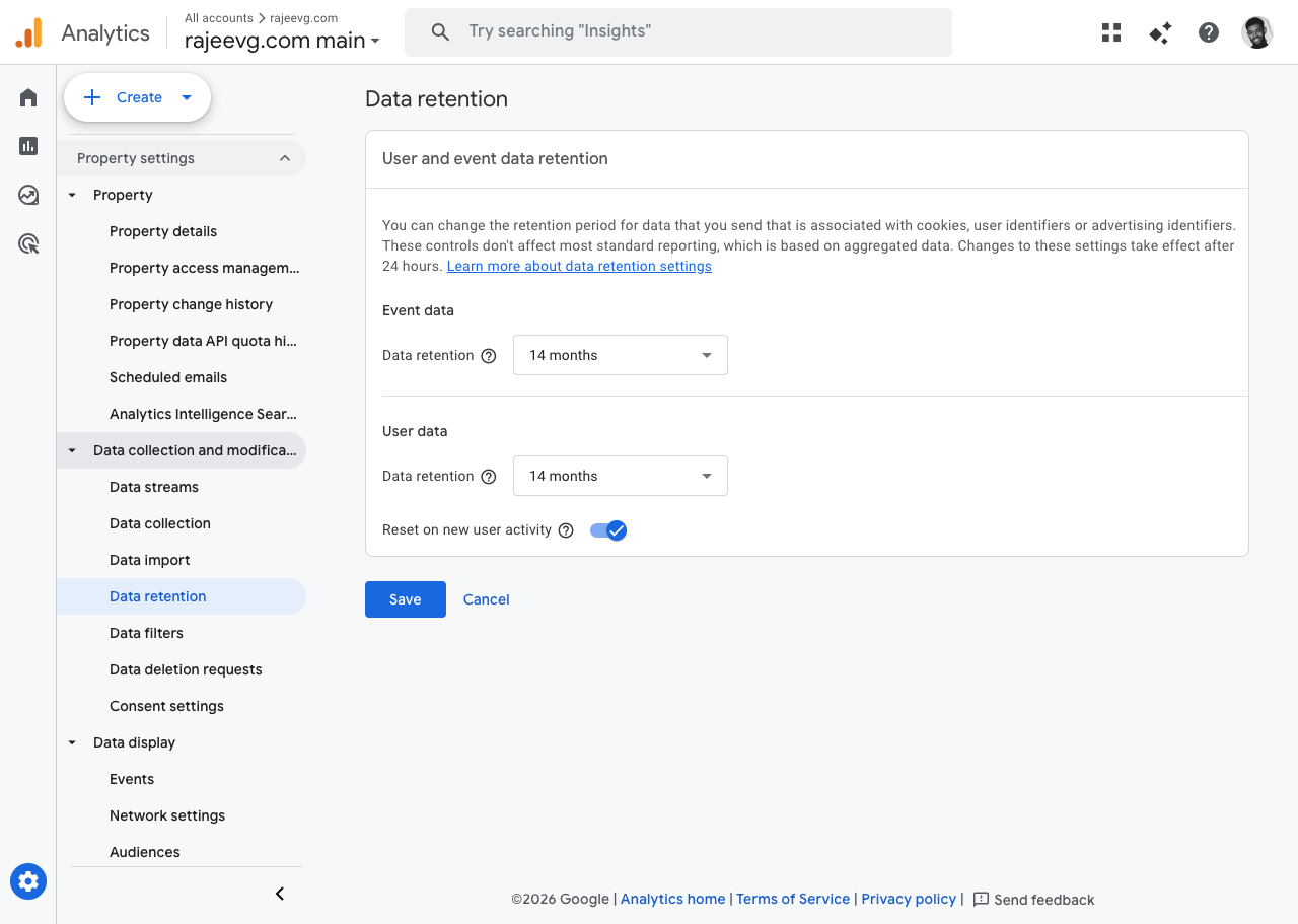 GA4 data retention screen showing 14-month event and user data retention