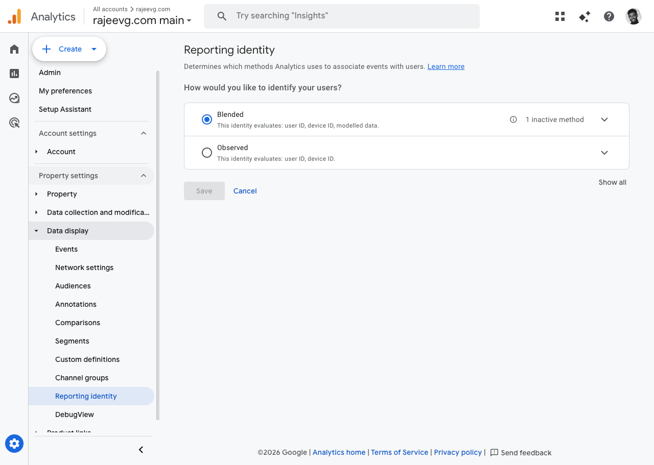GA4 reporting identity screen showing blended identity