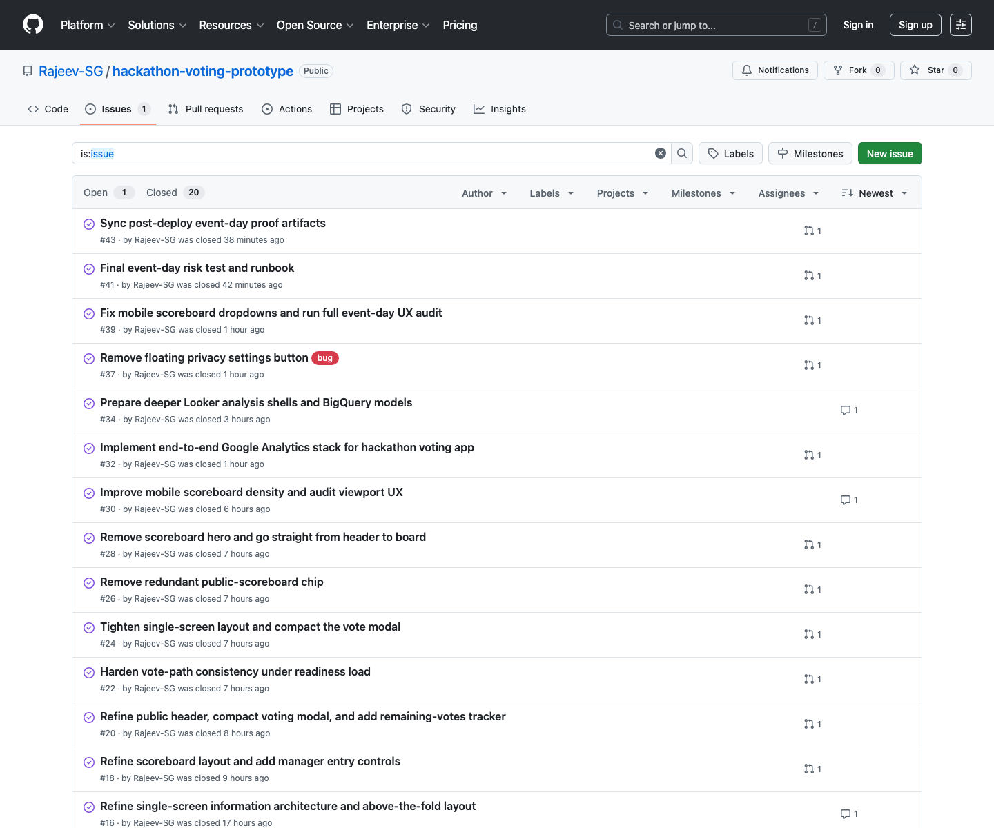 Issue list for the hackathon voting app repository
