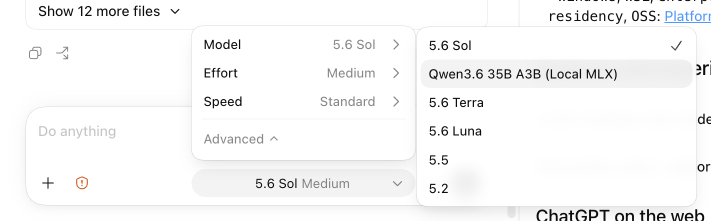The Codex model selector showing Qwen3.6 35B A3B Local MLX alongside hosted models