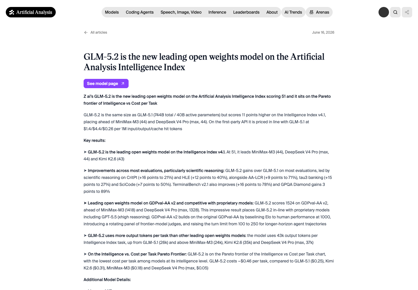 Artificial Analysis article showing GLM-5.2's June 2026 intelligence, cost-per-task and output-token findings