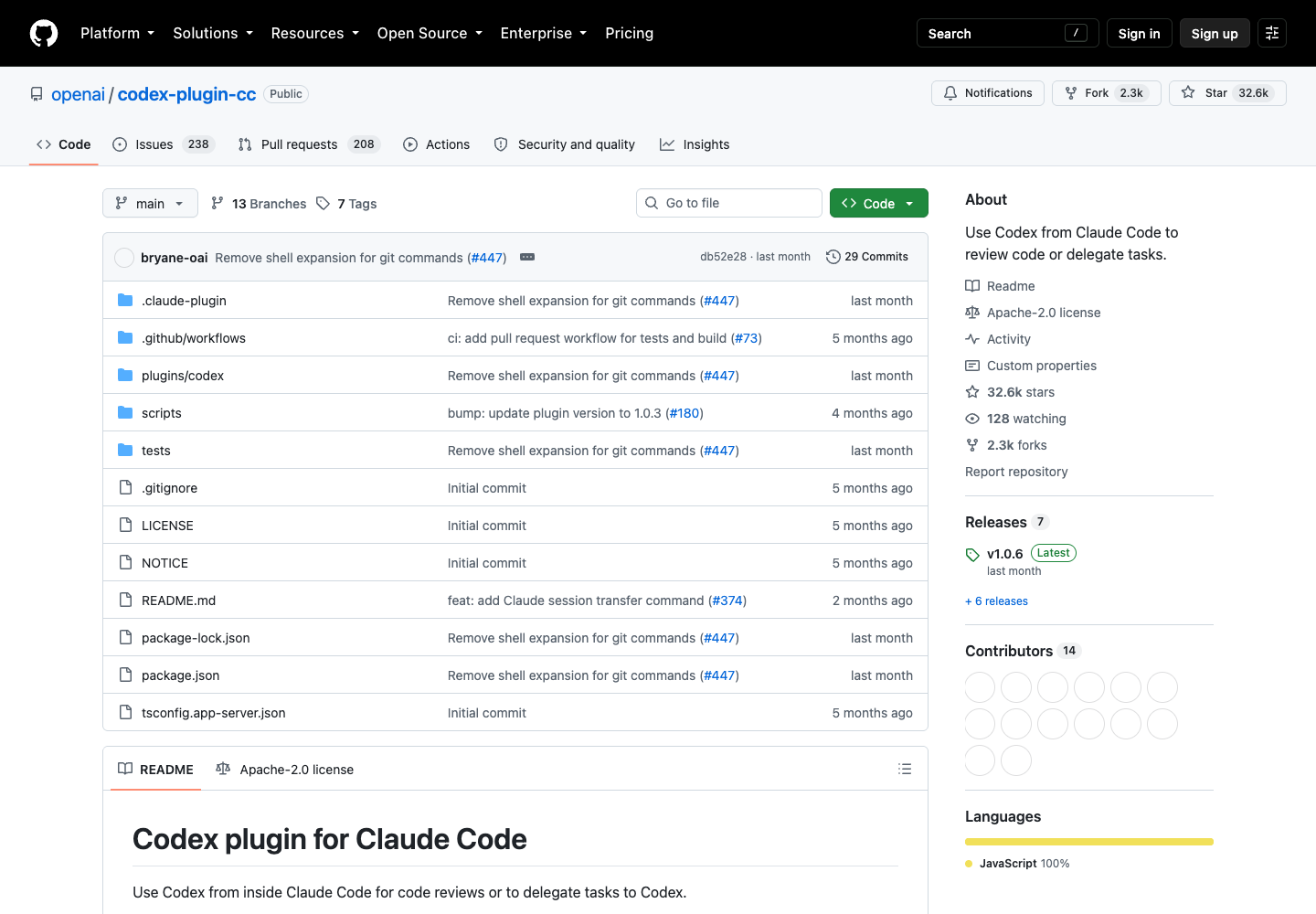 The official openai codex-plugin-cc repository, described as using Codex from Claude Code to review code or delegate tasks