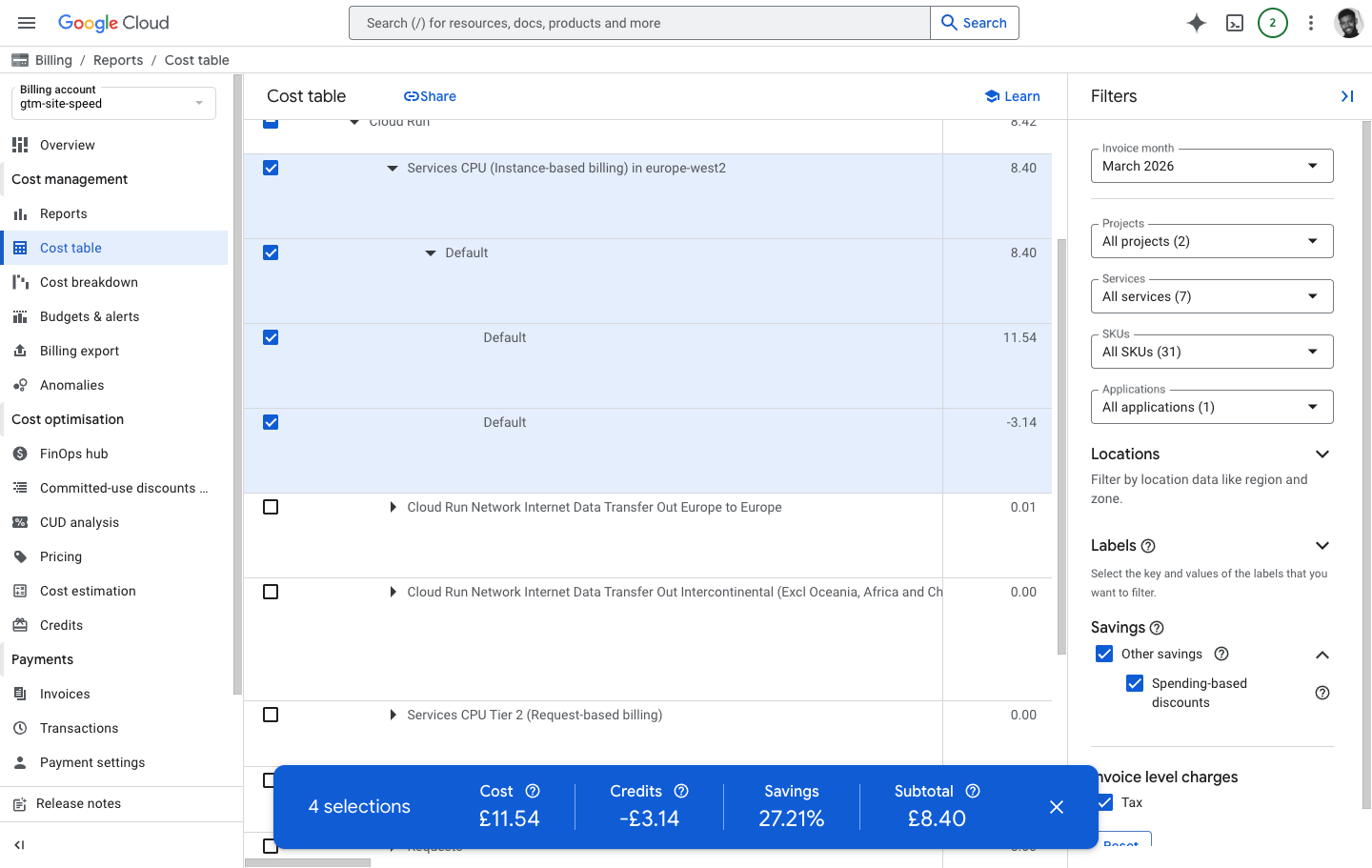 Google Cloud billing cost table showing Cloud Run instance-based CPU charges